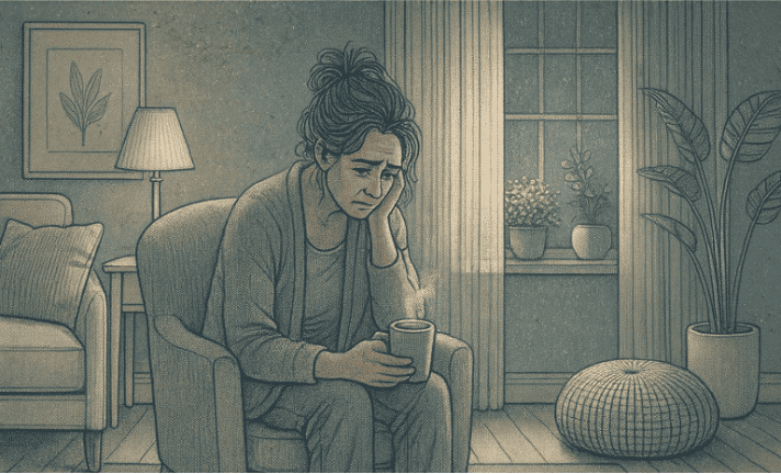 An illustration of an exhausted parent sitting alone in a dimly lit room, holding a cup of tea and looking worried.