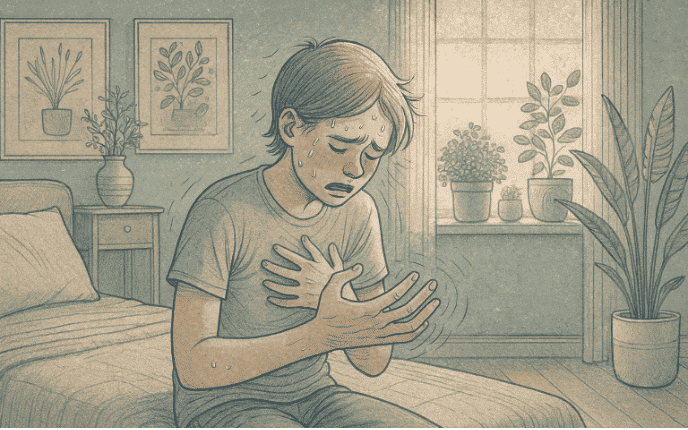 An Illustration of a distressed person with trembling hands on chest showing signs of panic attack in a room.