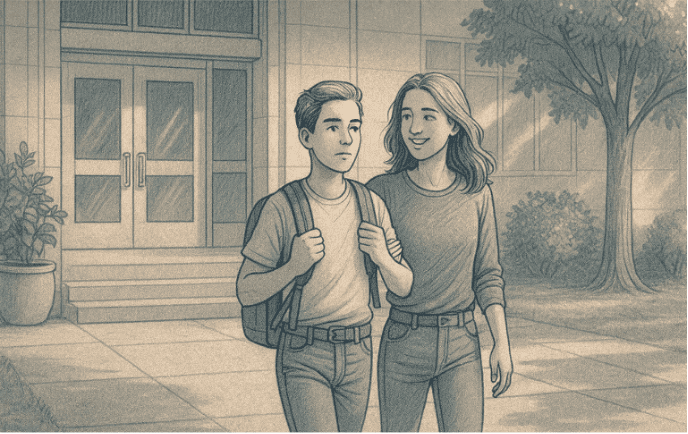 An illustration of a teen confidently walking into a school building with a supportive friend beside them, representing facing fears with support.