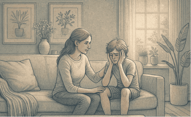 An illustration of a parent sitting calmly beside a distressed teen, maintaining gentle eye contact and speaking in a reassuring manner.