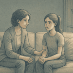 Illustration of a parent and teenager sitting together on a couch having a conversation, with the parent showing attentive body language and the teen looking emotional but engaged.