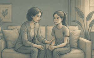 Illustration of a parent and teenager sitting together on a couch having a conversation, with the parent showing attentive body language and the teen looking emotional but engaged.