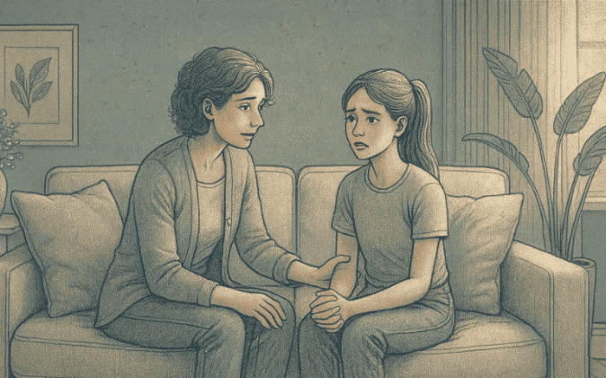 Illustration of a parent and teenager sitting together on a couch having a conversation, with the parent showing attentive body language and the teen looking emotional but engaged.