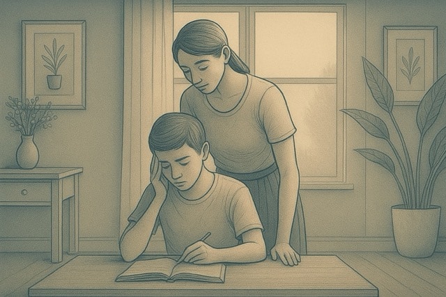 Parent standing behind a teen who is studying at a table.