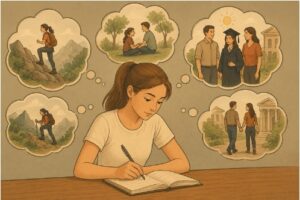 Illustration of a teenager writing in a journal with thought bubbles showing different storylines, symbolizing the process of re-authoring their personal narrative.