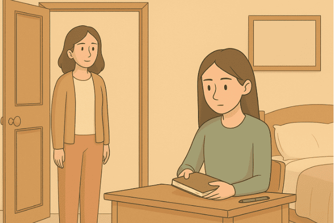 Parent standing in doorway checking on teen who is sitting at the desk