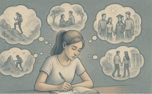 Illustration of a teenager writing in a journal with thought bubbles showing different storylines, symbolizing the process of re-authoring their personal narrative.