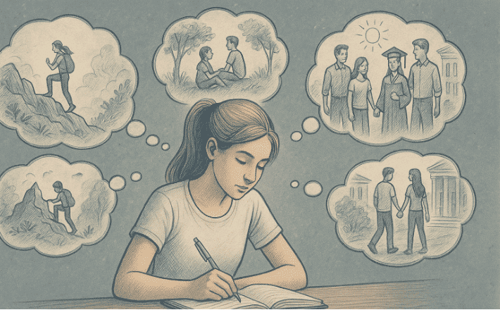 Illustration of a teenager writing in a journal with thought bubbles showing different storylines, symbolizing the process of re-authoring their personal narrative.