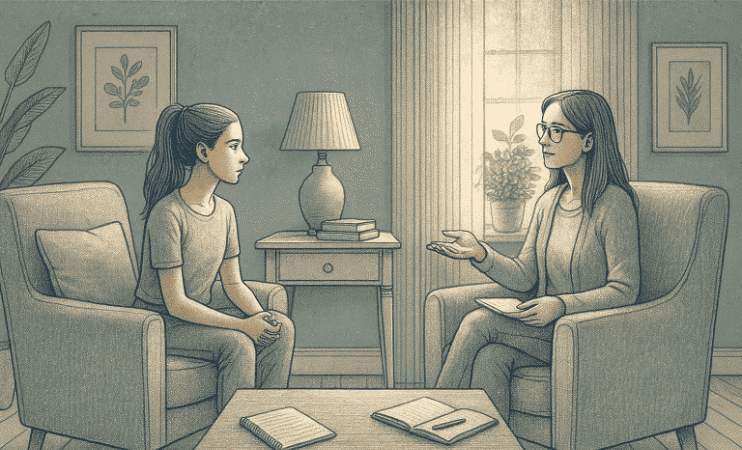 An illustration of a comfortable therapy office with a teen and therapist sitting in armchairs, engaged in conversation with notebooks nearby.