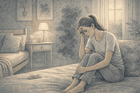 An illustration of a teen sitting on a bed with her hand on her forehead, with a phone beside her and a dimly lit lamp in the background.