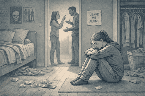 An illustration of a teenager sitting curled up on a messy bedroom floor while parents argue in the doorway, with a "Leave Me Alone" sign on the wall.