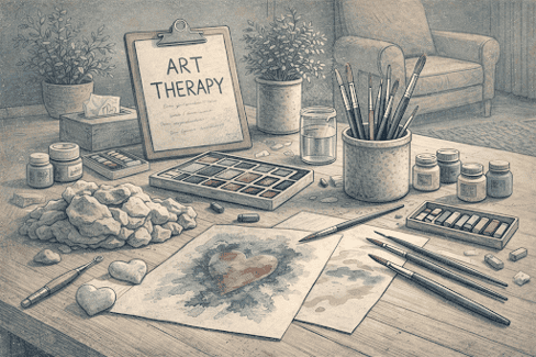 Art therapy materials, including paints, brushes, and clay, arranged in a therapeutic setting for adolescent depression treatment.