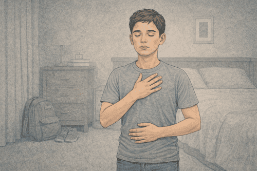Teen demonstrating focused breathing technique with proper hand placement for anxiety relief.