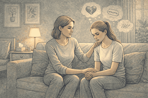 Concerned parent sitting with teenage daughter on couch, having a supportive conversation about emotional struggles and self-destructive behavior.