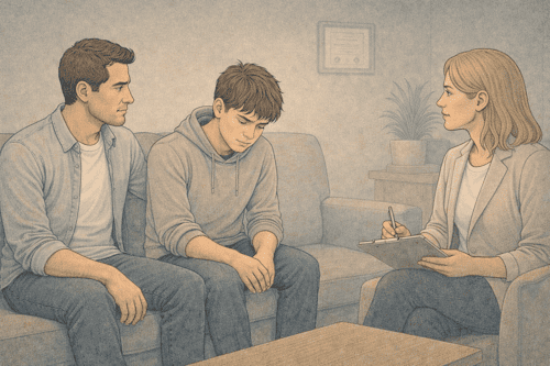 Family therapy session helping teen recover from psychotic depression with parental support.