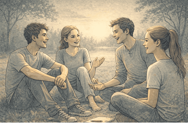 Group of teenagers engaging in healthy social interaction, highlighting the importance of peer relationships in adolescent development and the social opportunities anxiety can disrupt.