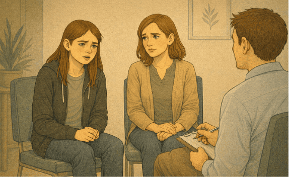 Mother and teenage daughter participating in family-based therapy for anorexia recovery.