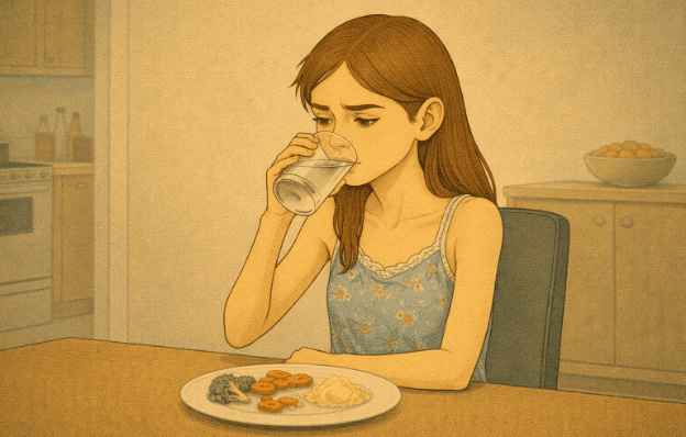 Teenage girl using water to avoid eating showing early warning signs of anorexia nervosa.