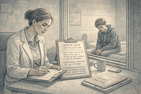 Mental health professional reviewing documentation for a minor's 5250 certification in a California psychiatric facility.