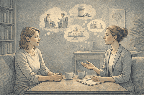 Parent and mental health professional discussing treatment options for a teenager struggling with self-destructive behavior.