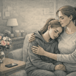 Parent comforting teenage daughter during a mental health crisis, learning about California's 5250 psychiatric hold process.