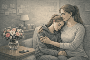 Parent comforting teenage daughter during a mental health crisis, learning about California's 5250 psychiatric hold process.