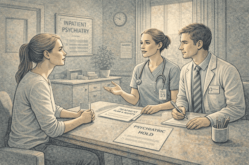 Parent meeting with hospital staff to discuss their teenager's treatment plan and rights during a psychiatric hold.