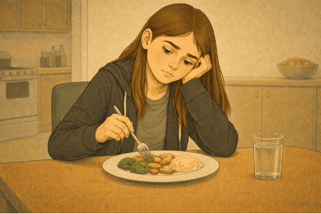 Teen displaying behavioral red flags of anorexia by moving food around plate without eating.