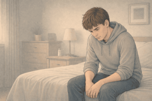 Teen experiencing social withdrawal and isolation, a key warning sign of psychotic depression.