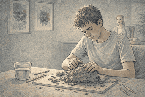 Teen boy working with clay in art therapy session, using tactile creative expression to process feelings of depression.