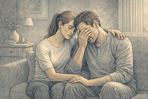 Teen girl appearing emotionally exhausted while comforting her father, illustrating the role reversal common in enmeshed relationships.