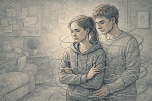 Teenage daughter looking conflicted while her father stands close behind her, illustrating the blurred boundaries of an enmeshed relationship.