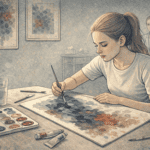 Teenage girl engaged in painting during an art therapy session, using colors to express emotions related to depression.