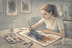 Teenage girl engaged in painting during an art therapy session, using colors to express emotions related to depression.