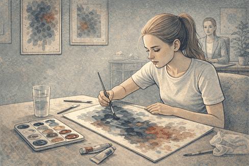 Teenage girl engaged in painting during an art therapy session, using colors to express emotions related to depression.