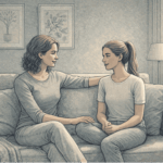 Parent and teenager having a supportive conversation about eating disorder concerns in a safe, comfortable home setting