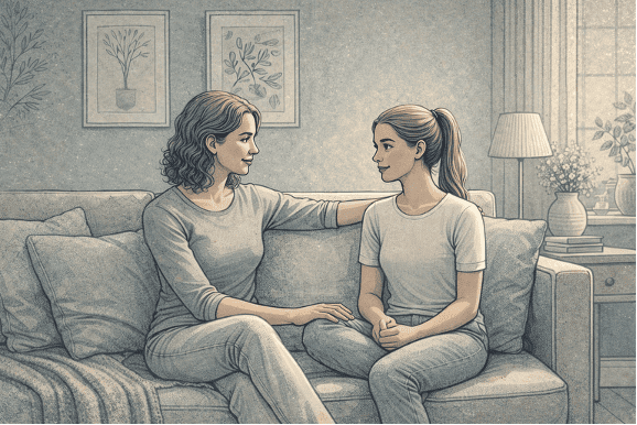 Parent and teenager having a supportive conversation about eating disorder concerns in a safe, comfortable home setting