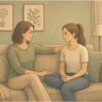 Parent initiating a calm, supportive conversation with their teen about eating disorder concerns at home
