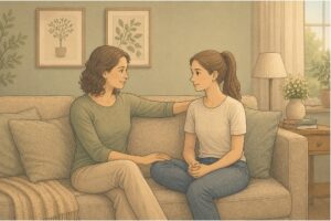 Parent initiating a calm, supportive conversation with their teen about eating disorder concerns at home