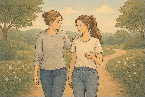 Parent practicing active listening while walking with teen to create a comfortable space for discussing eating disorder recovery.