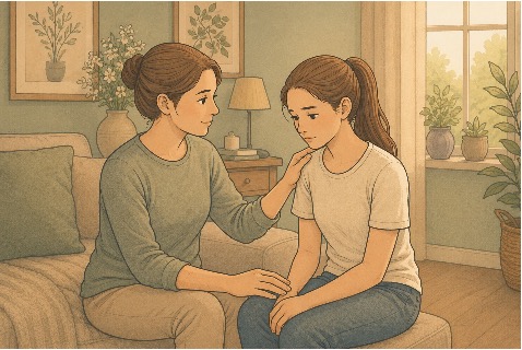 Parent showing empathy and non-judgmental support to the teenager struggling with an eating disorder through gentle physical reassurance.