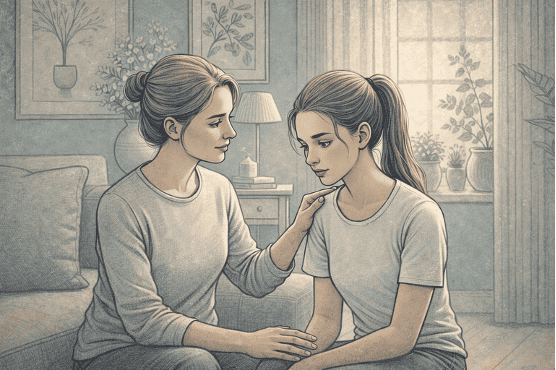 Parent showing empathy and non-judgmental support to the teenager struggling with an eating disorder through gentle physical reassurance.