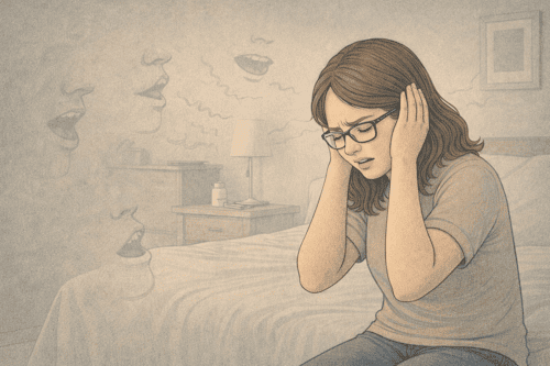 Teen covering ears representing auditory hallucinations common in psychotic depression.