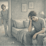 Teen boy with ADHD displaying frustration while parent observes from doorway, wondering how to help with emotional outbursts.