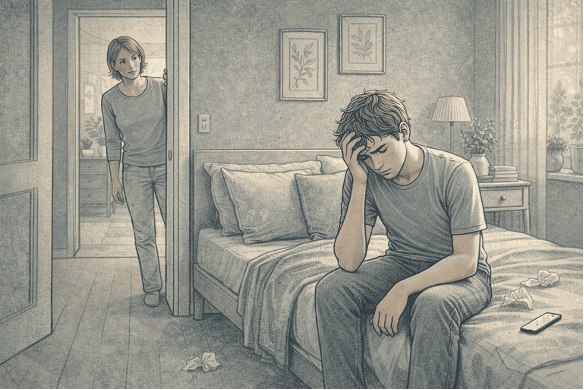 Teen boy with ADHD displaying frustration while parent observes from doorway, wondering how to help with emotional outbursts.