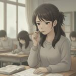 A student at a desk, looking contemplative while holding a pencil, surrounded by classmates.