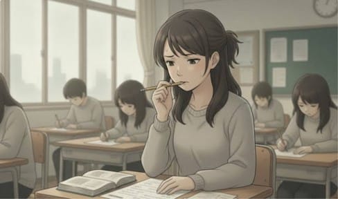 A student at a desk, looking contemplative while holding a pencil, surrounded by classmates.
