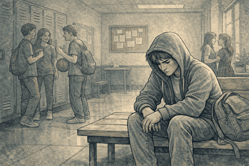 An illustration of a teen avoiding social activities in school.