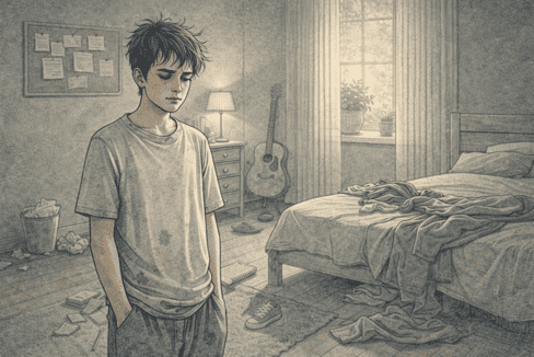 An illustration of a teen looking unkempt, showing signs of not caring about their appearance.