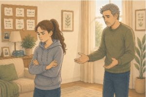 Teenage daughter feeling upset and emotionally distant from her father, reflecting signs of an enmeshed father-daughter relationship